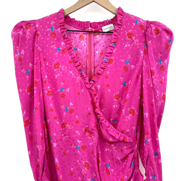 MAGDA BUTRYM Carlton Dress Ruched Mini Dress Hot Pink Silk Ruffles Floral Print - Picture 8 of 16